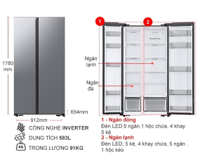 Tủ lạnh Samsung Inverter 583 lít Side By Side RS57DG400EM9SV 2024