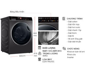 Máy giặt sấy Aqua Inverter 13 kg AQD-DH1300H.PS 2023 (sấy 8kg)